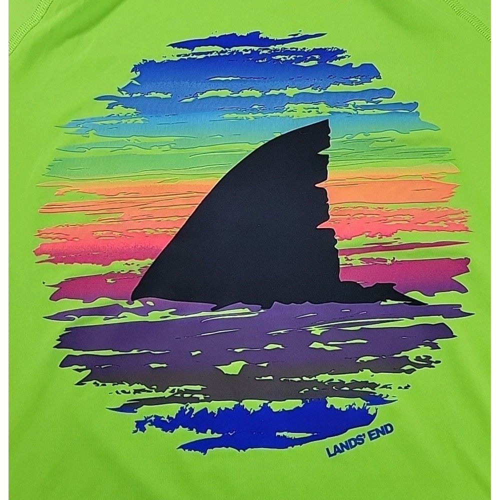 Lands' End NEON Green Short Sleeve Boys‎ Youth Swim Shirt GRAPHIC SUN PROTECTION